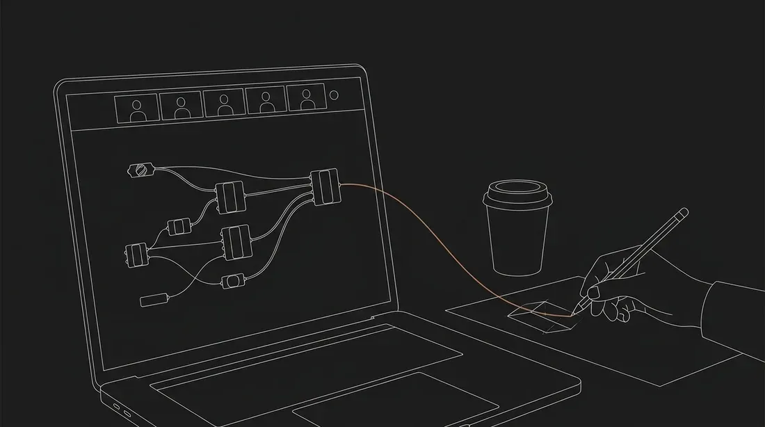 Line illustration of an online learning session, a node graph and a hand sketching