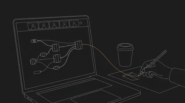 Line illustration of an online learning session, a node graph and a hand sketching