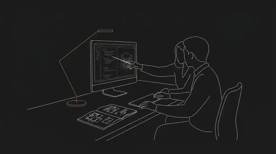 One-on-one mentorship: code and a 3D wireframe model on a wide monitor, two people working together
