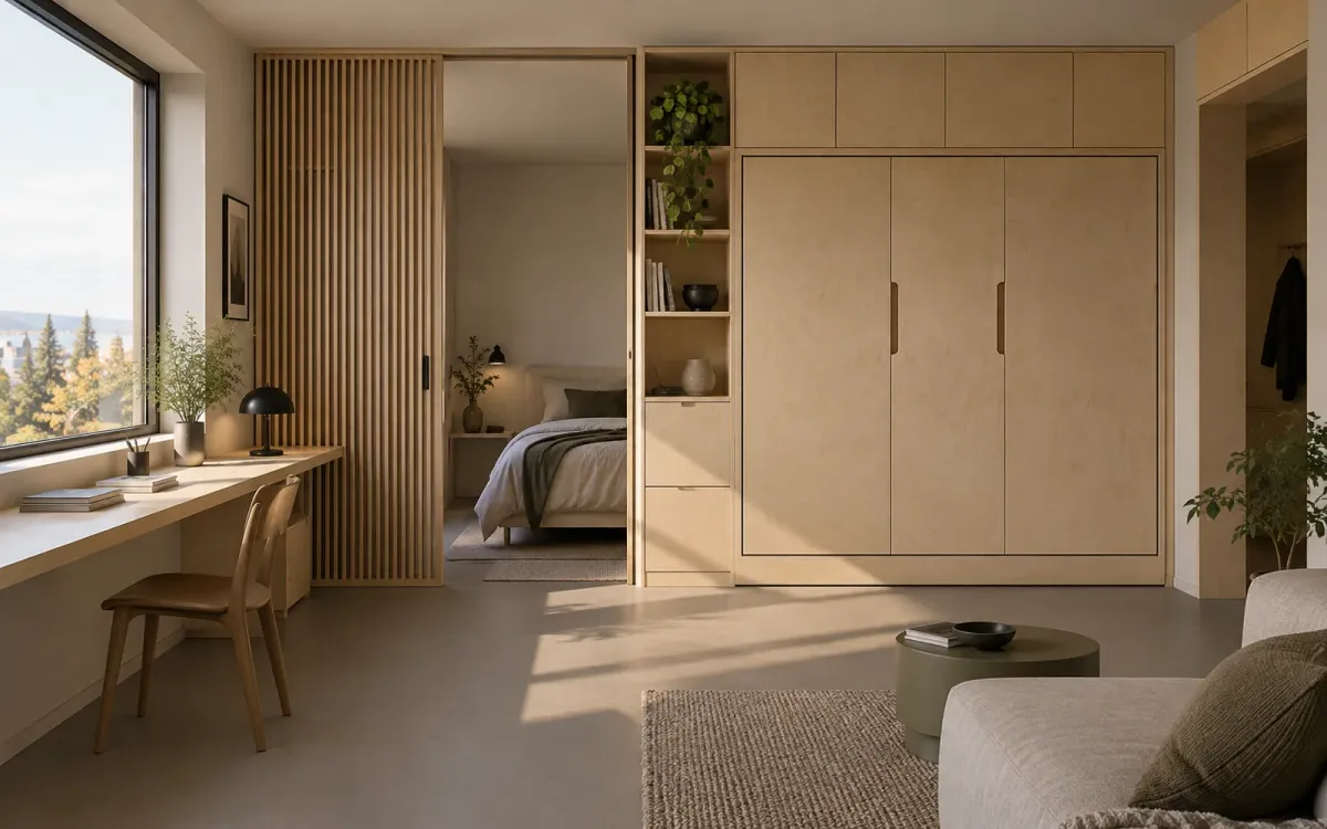 Concept domestic interior connecting work, sleeping and living spaces through sliding partitions