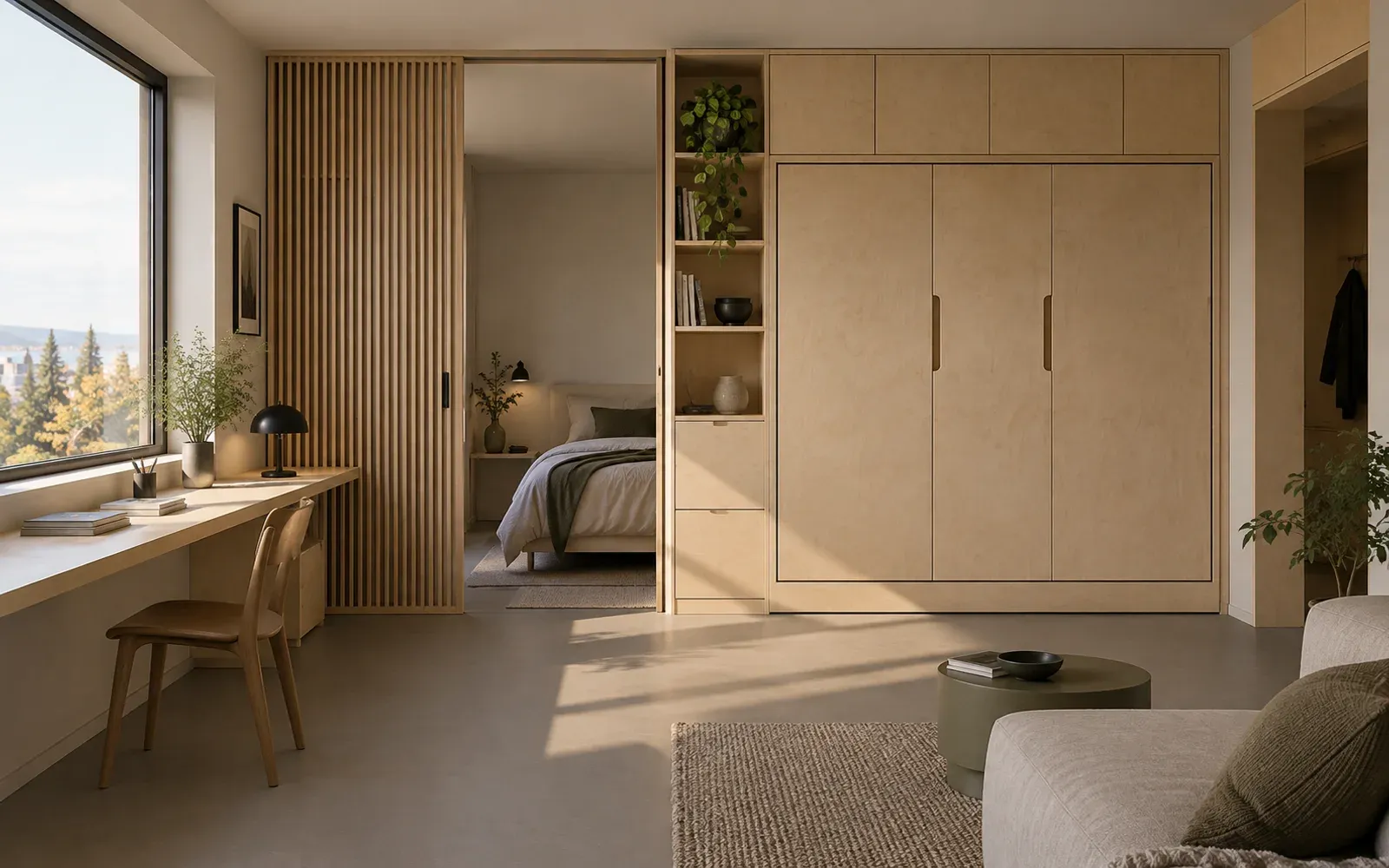 Compact apartment render with integrated storage, a sliding partition and a window-side work ledge.