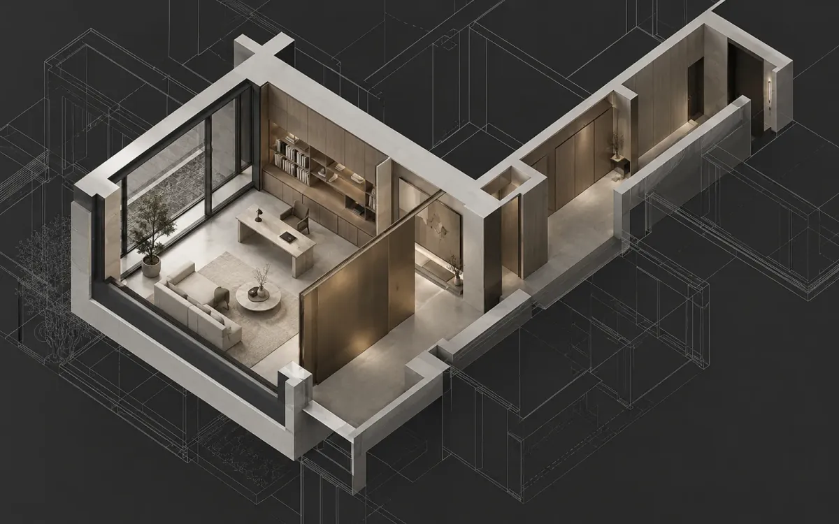 Concept axonometric room model shown with construction guide lines