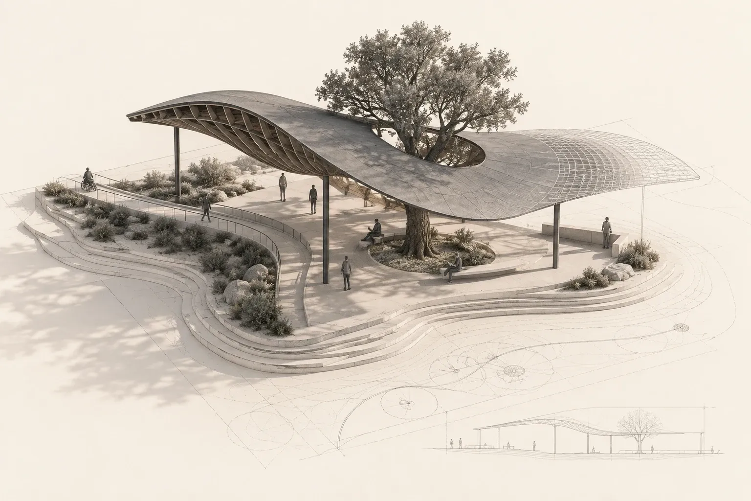 Concept pavilion around a tree, with a curved pedestrian approach and a roof transitioning into wireframe