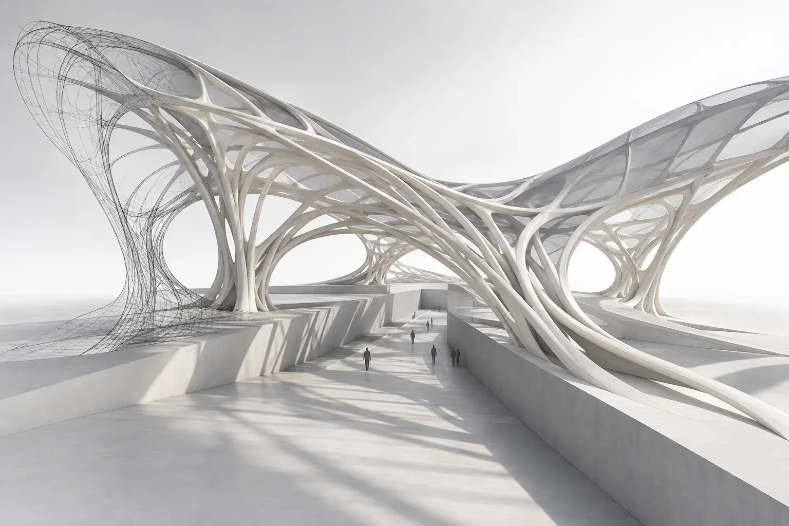 A branching ribbed canopy and its construction curves above an open public passage.