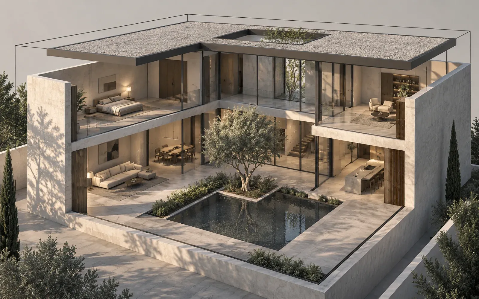 Digital courtyard-building cutaway showing rooms, openings and wireframe enclosure edges.
