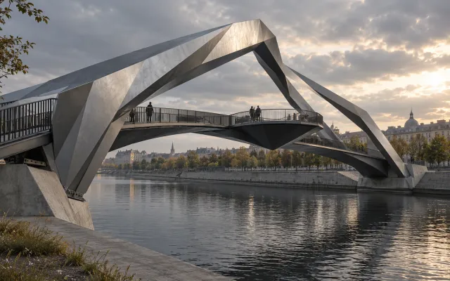 Bridge concept over a river with angular branching structure, a pedestrian deck and a widened viewing platform