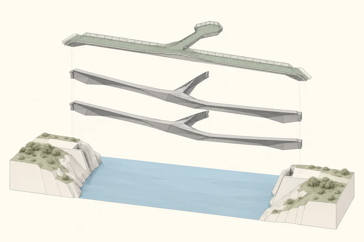 Exploded axonometric concept study showing a branching walking deck, separated faceted frame layers and connections to two banks.