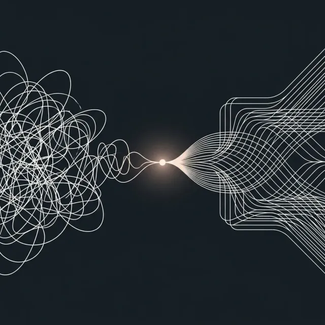 Abstract diagram of tangled lines passing through a junction into an ordered field