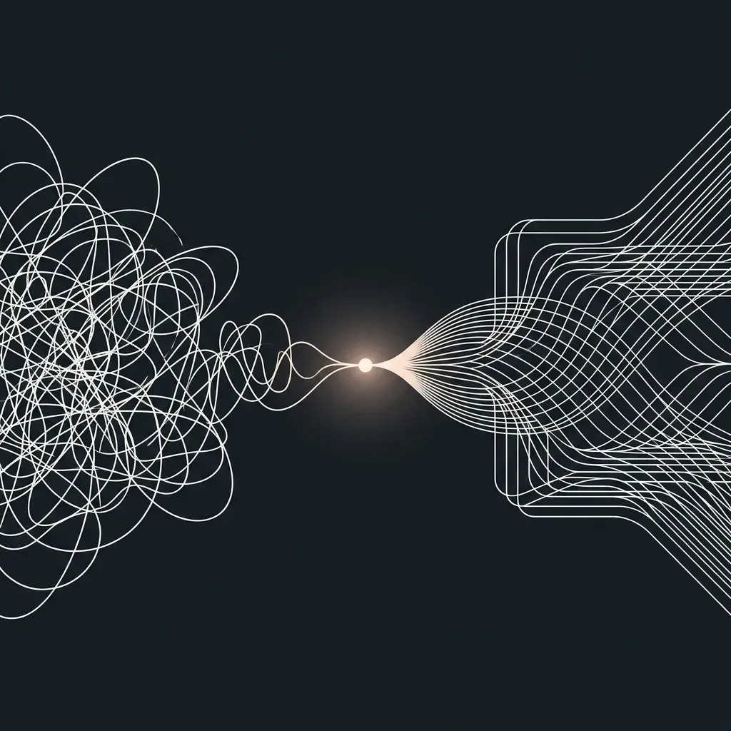 Abstract diagram of tangled lines passing through a junction into an ordered field