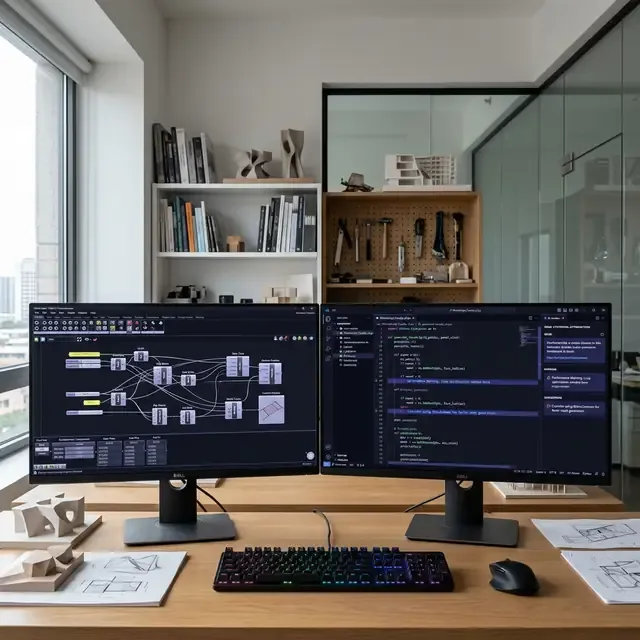 Illustrative workstation showing a node graph and code on two monitors