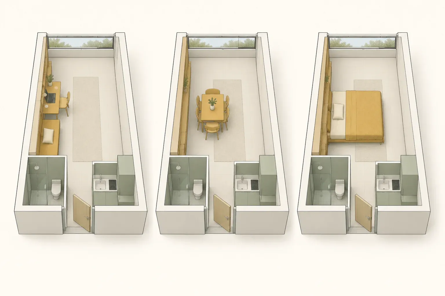 Three axonometric views of the same compact apartment: work on the left, dining in the centre and rest on the right, with kitchen and bathroom beside the entrance.