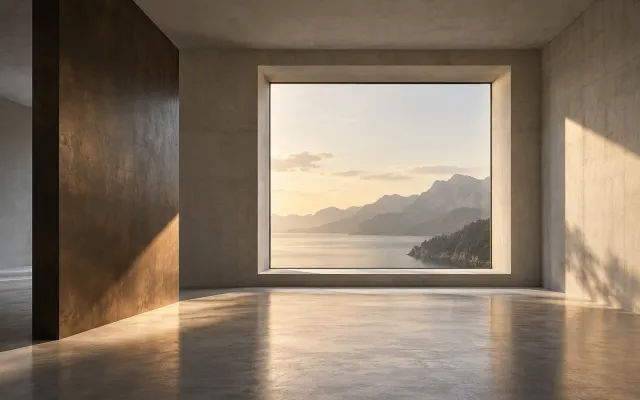 Concept interior showing light across a large window opening and timber panel