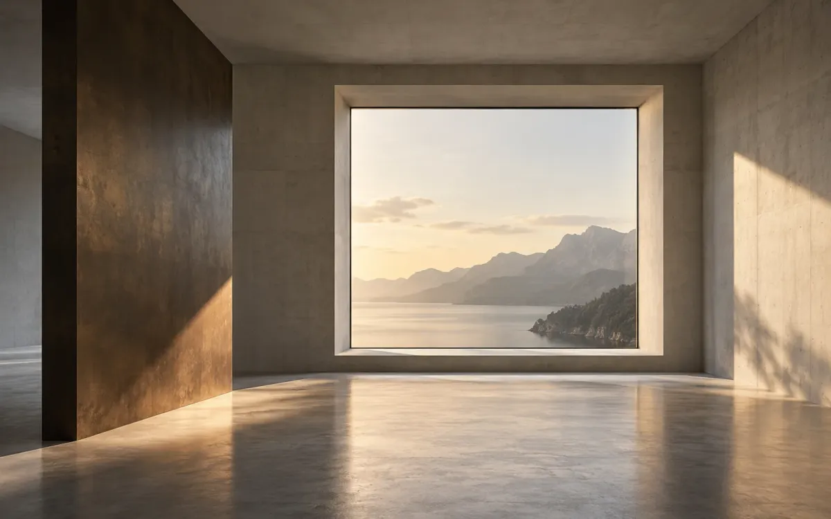 Concept interior showing light across a large window opening and timber panel