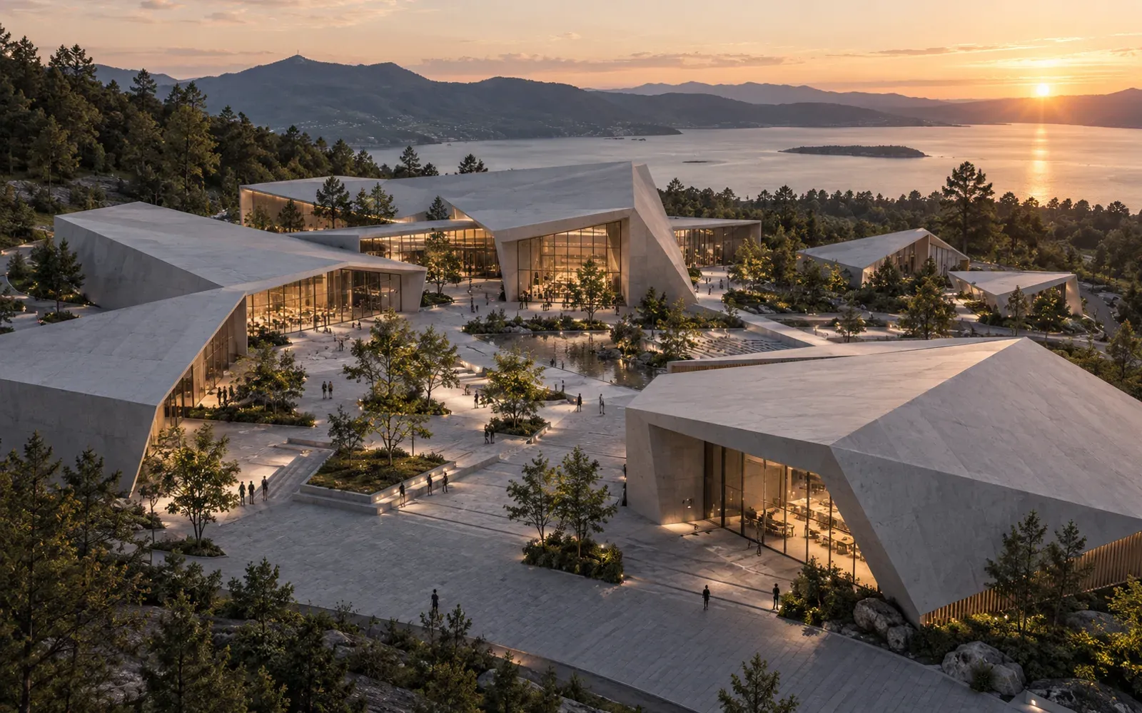 Campus render of angular pavilions clustered around connected courtyards and a shared plaza.