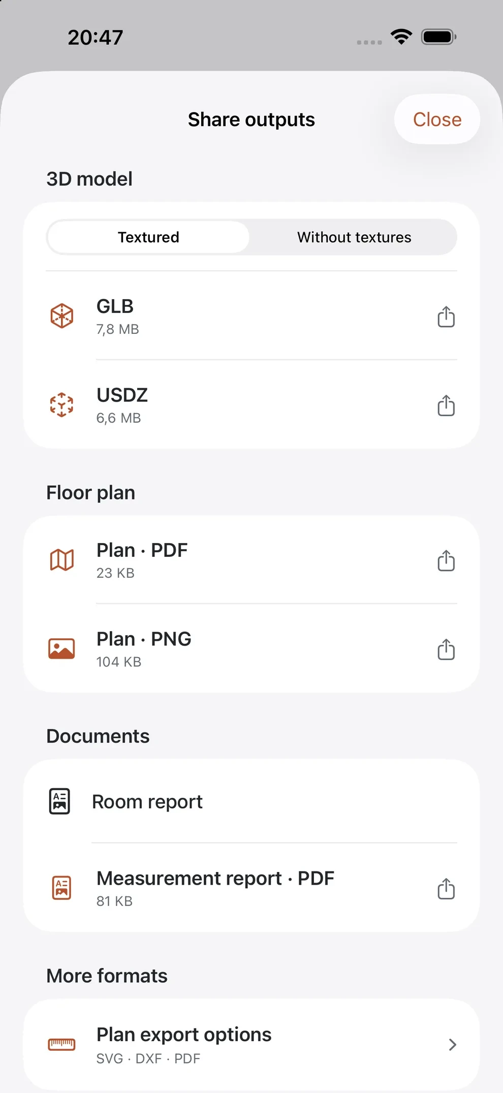 Actual SpaceCraft development-build sharing screen with GLB, USDZ, plan PDF, plan PNG and additional plan export options