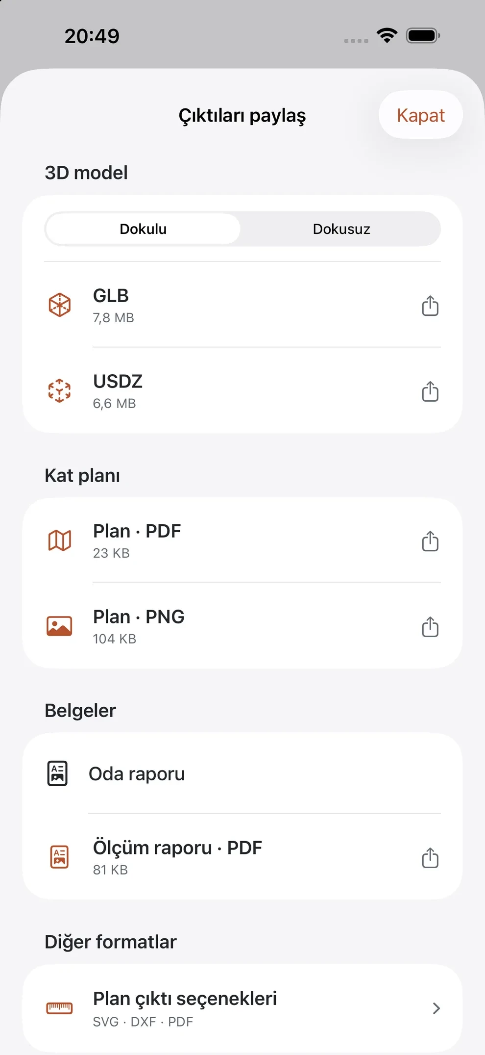 SpaceCraft geliştirme sürümünde GLB, USDZ, plan PDF, plan PNG ve ek plan aktarım seçeneklerini gösteren gerçek paylaşım ekranı