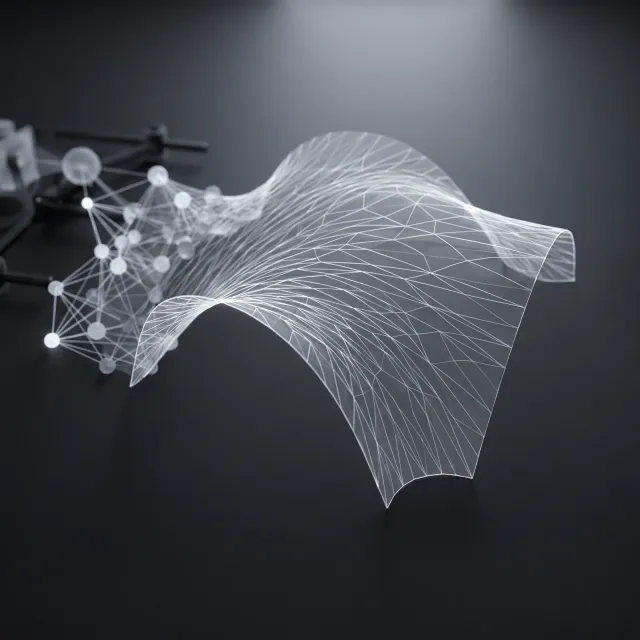 Concept illustration of a wireframe surface beside a connected node graph