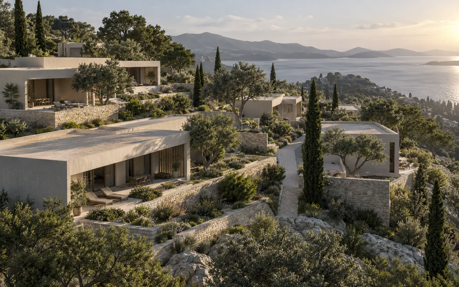 Landscape render of courtyard houses, shared gardens and pedestrian paths on a hillside.