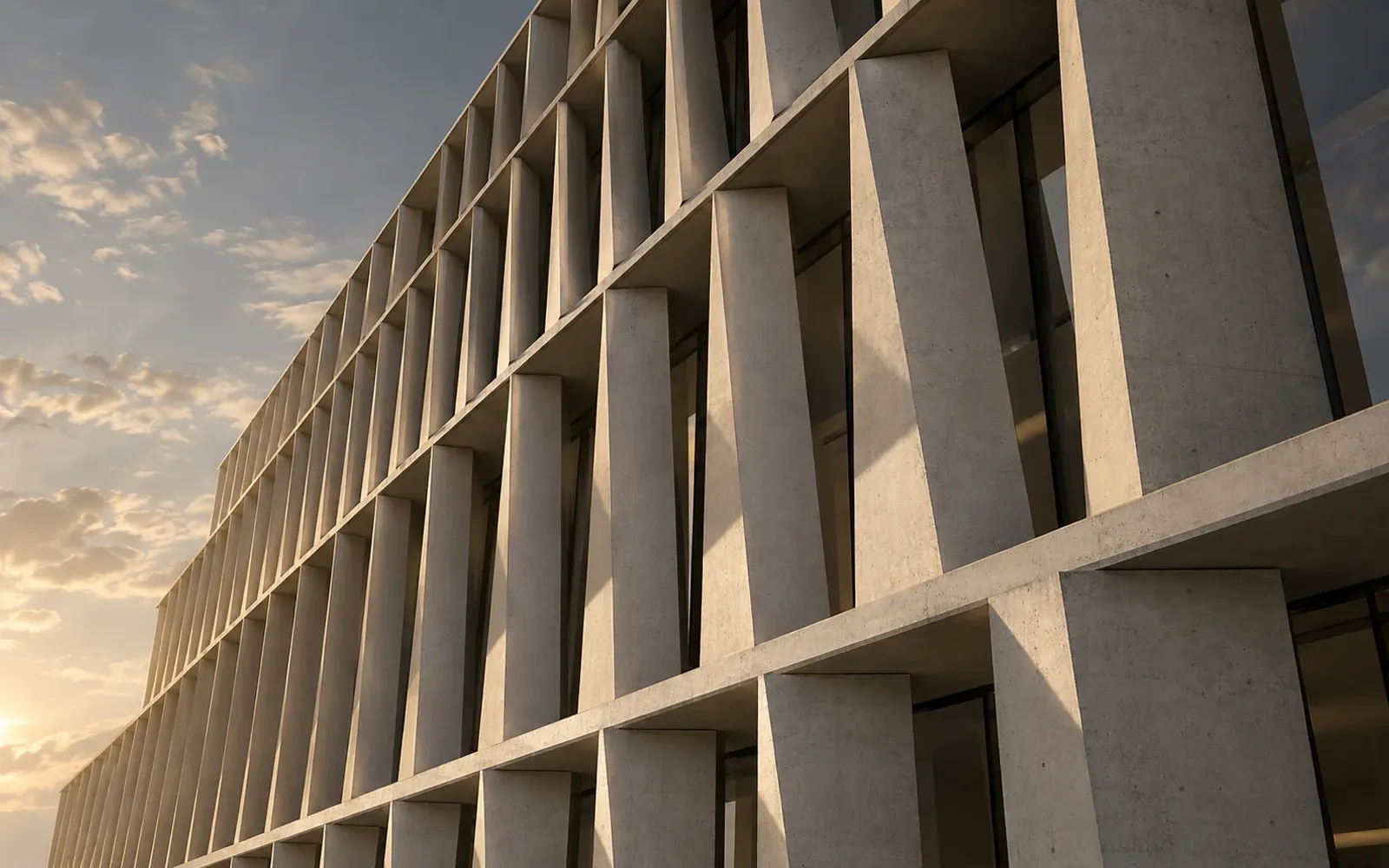 Facade render showing repeated concrete fins, recessed windows and changing shadows.