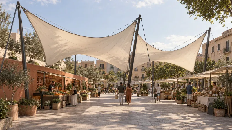 Market Canopy: Three connected membrane canopies over market stalls, a clear central aisle and a terracotta service edge.
