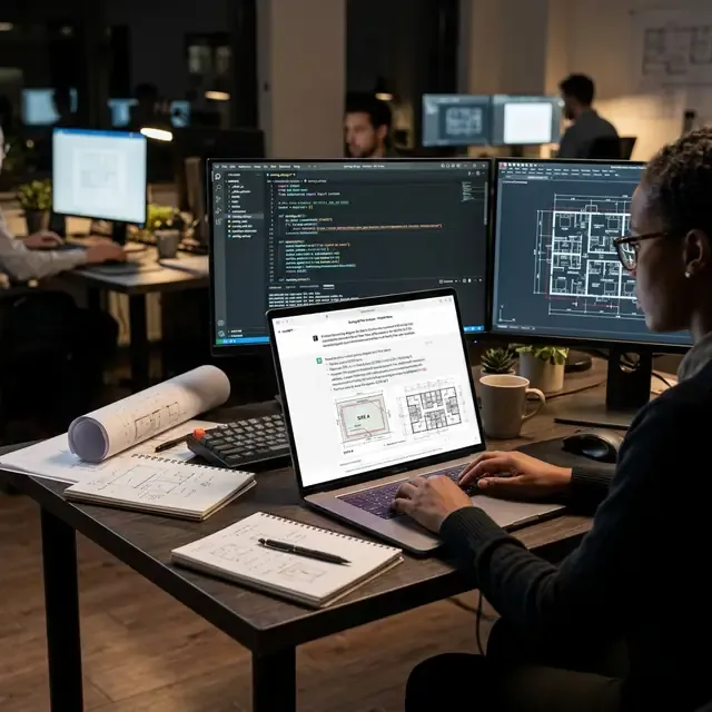 Illustrative studio desk with code, plan drawings and a laptop
