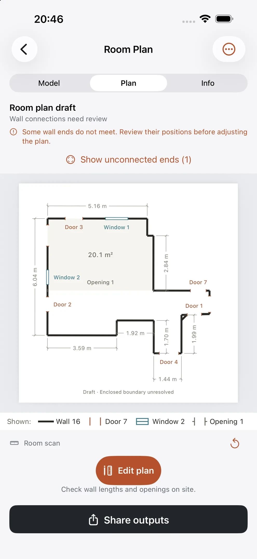 SpaceCraft iPhone development-build screen showing the room plan and a wall-connection warning