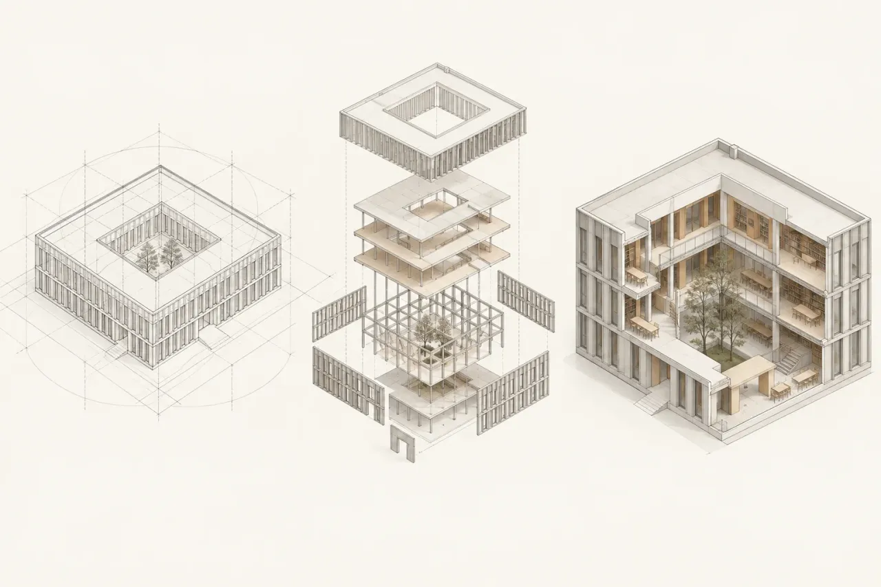 A courtyard building explored through axonometric linework, an exploded model and a spatial cutaway.