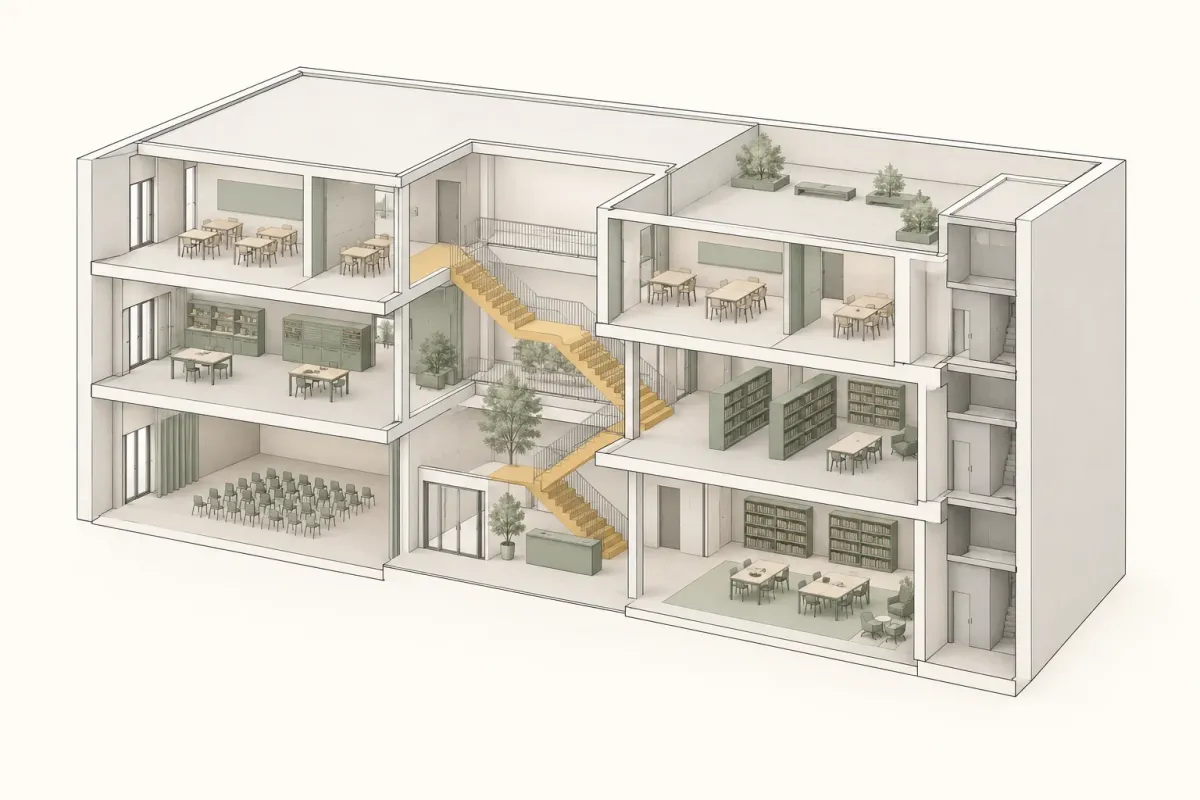 Sectional cutaway of a three-storey public building with reading rooms, a central void, an ochre stair and a separate grey service core.