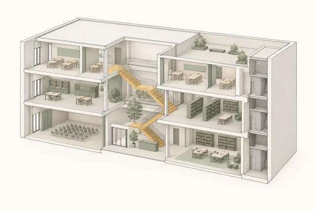 Three-storey public-building section with a central void, reading rooms and an ochre stair.
