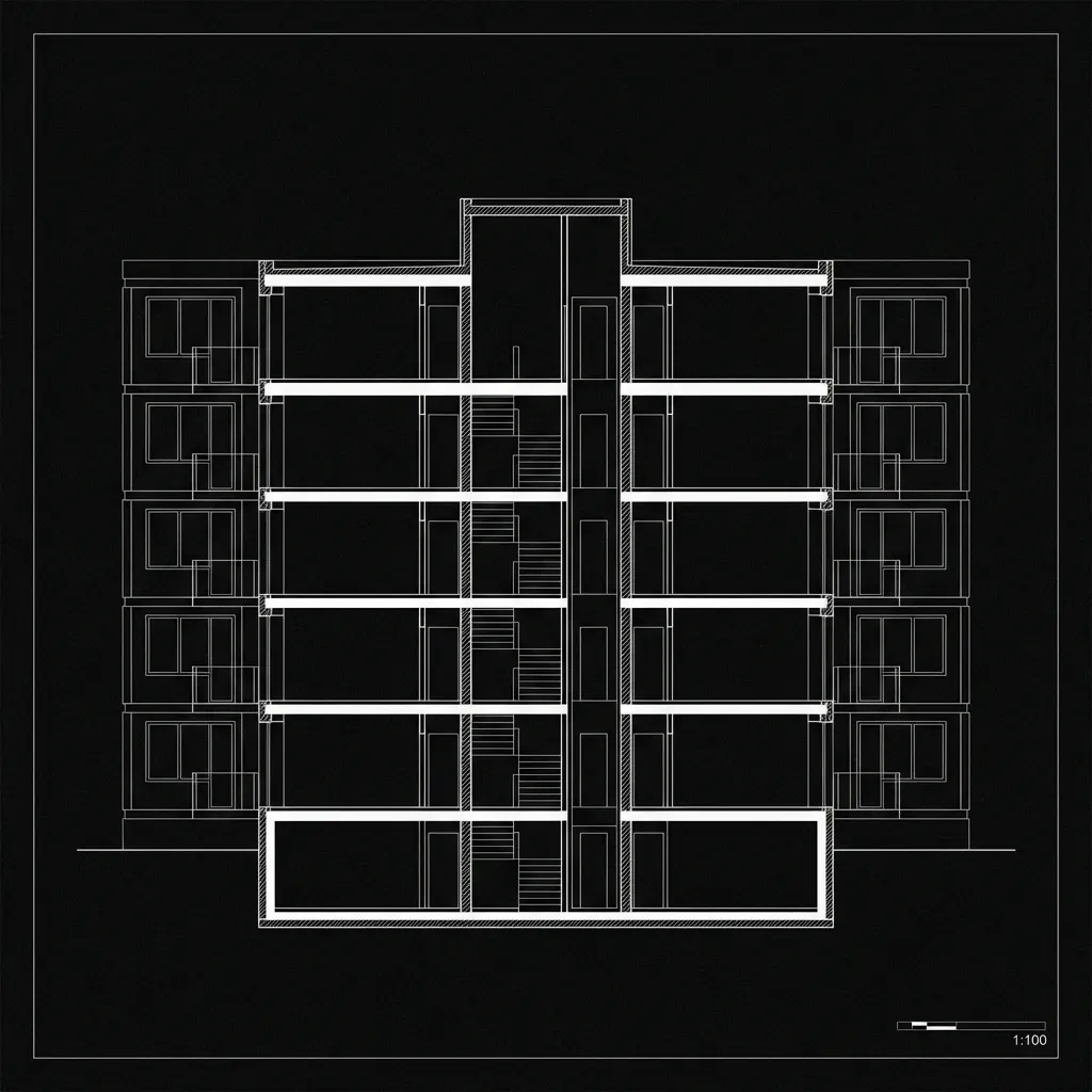 Monochrome section illustration of a multi-storey building with a central stair