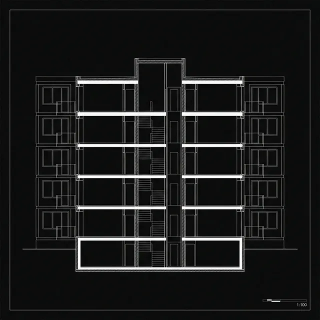 Monochrome section illustration of a multi-storey building with a central stair