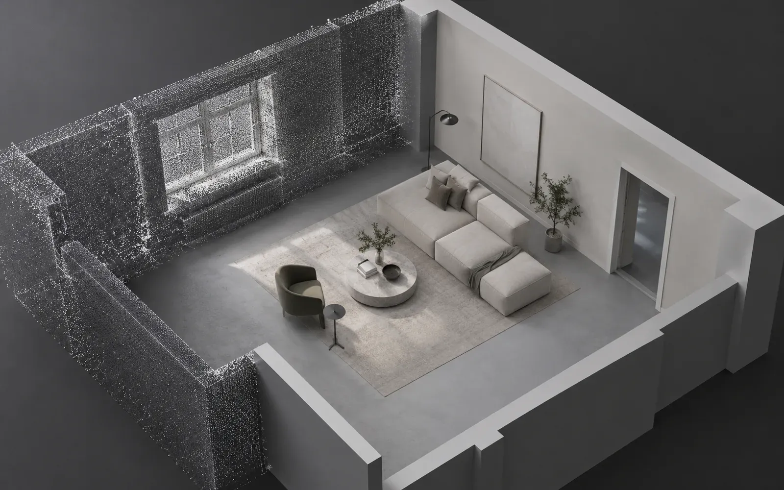 A digital room cutaway combining a point-cloud surface with solid walls and openings.