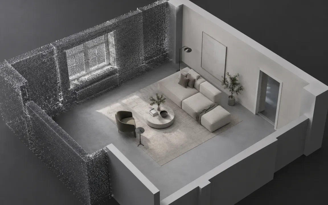 A digital room cutaway combining a point-cloud surface with solid walls and openings.