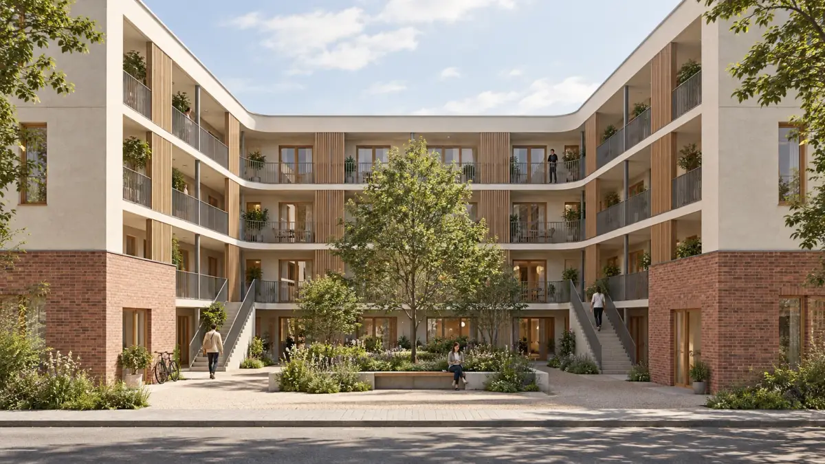 Shared Threshold: The street opening into the U-shaped courtyard.