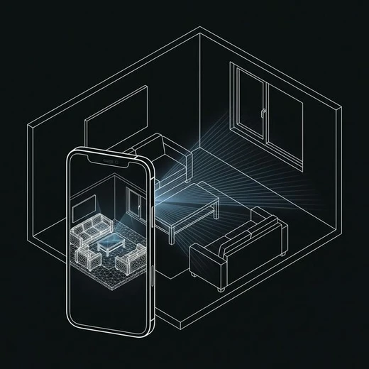 SpaceCraft LiDAR scanning a room  -  isometric view