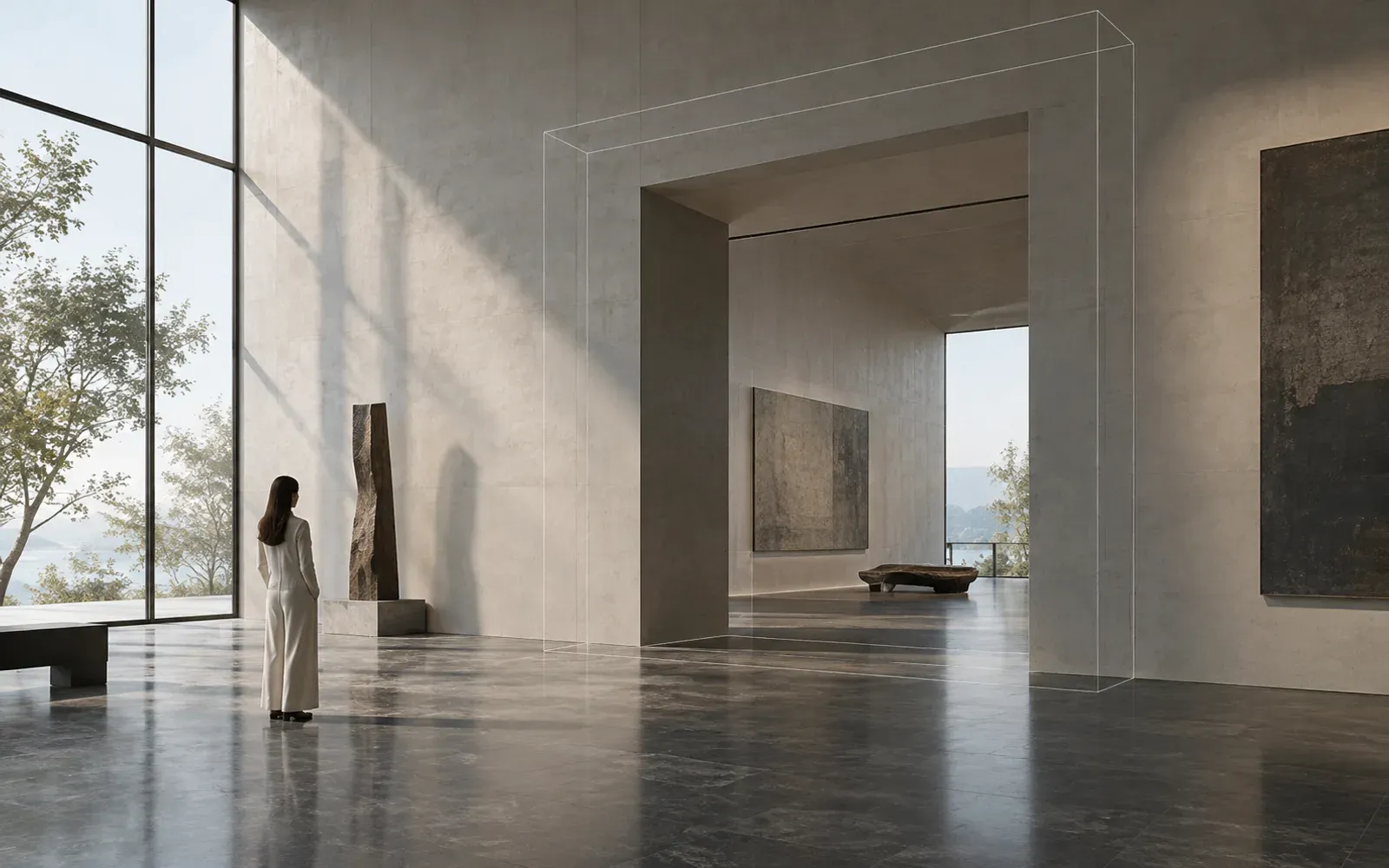 Gallery render with a subtle wireframe outline aligned to a full-scale doorway and floor.