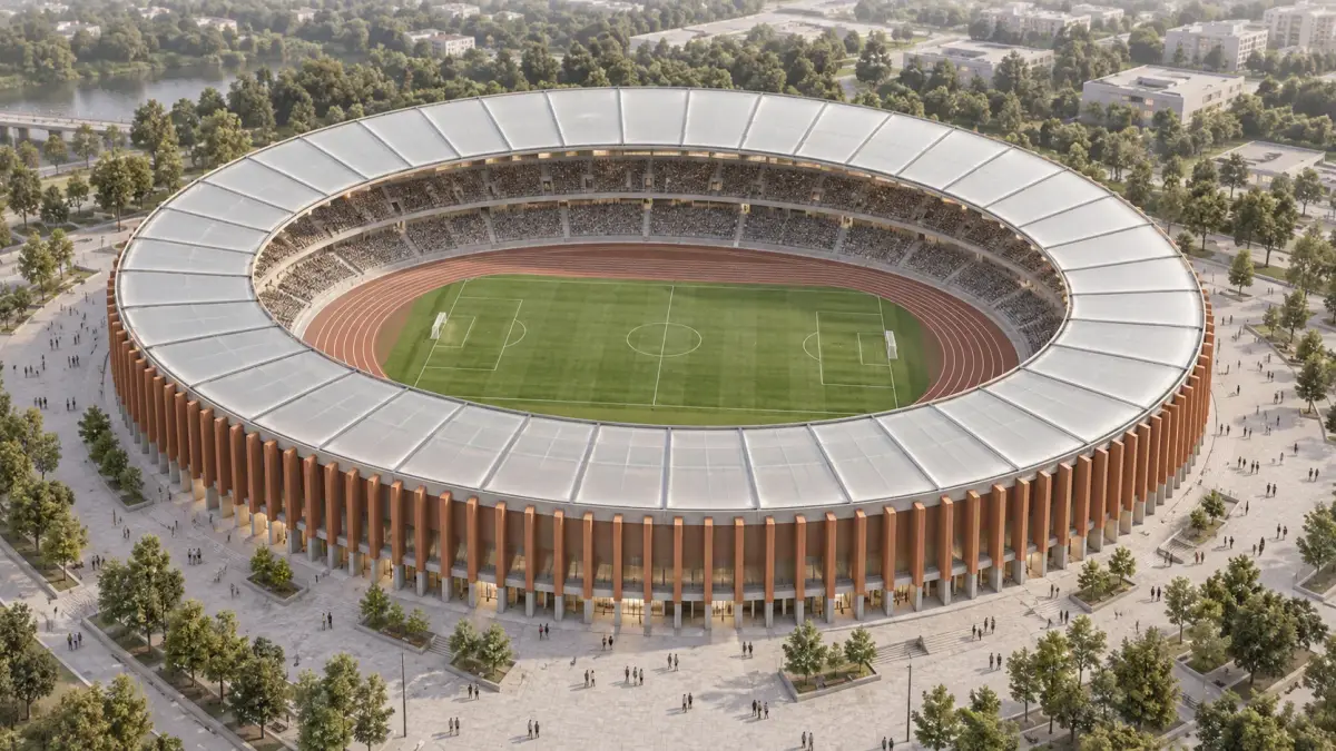 Stadium Ring: A segmented roof ring and open public forecourt.