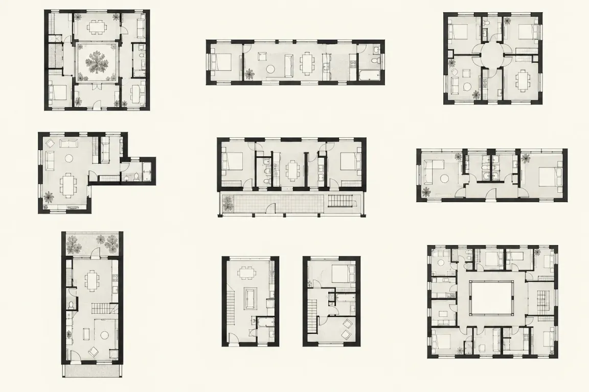 An illustrative atlas of domestic floor plans with different outlines, courtyards and room arrangements.