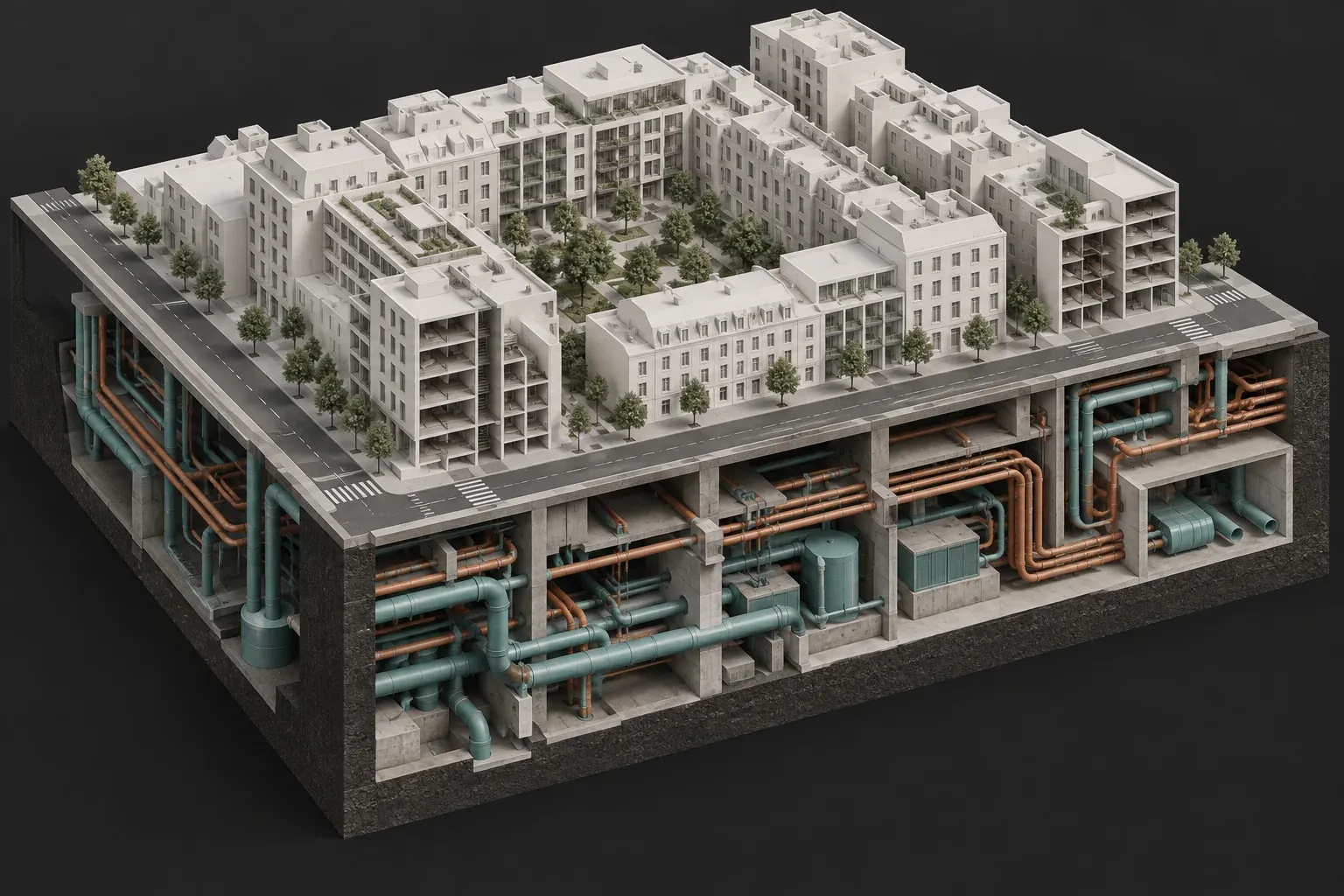 Sectional urban visualization connecting a residential block to exposed underground infrastructure.