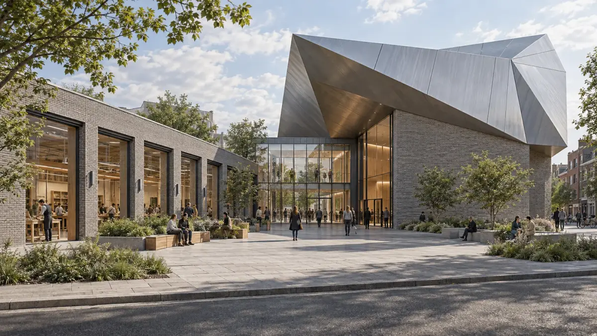 Urban Stage: A public courtyard linking a gray-brick hall with a folded metal roof, workshops and a transparent foyer.