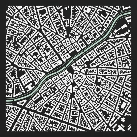 Conceptual urban figure-ground study showing blocks, open space and movement