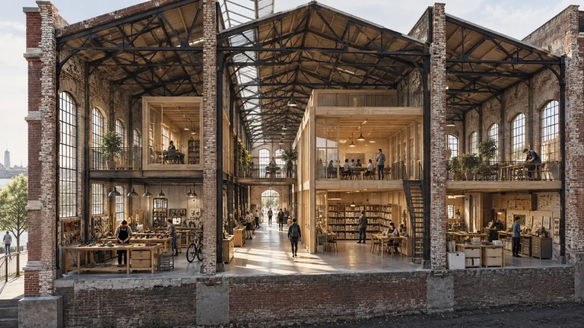 Warehouse Commons: Concept section of a hypothetical brick warehouse, with exposed steel roof trusses, timber rooms and a shared central passage.