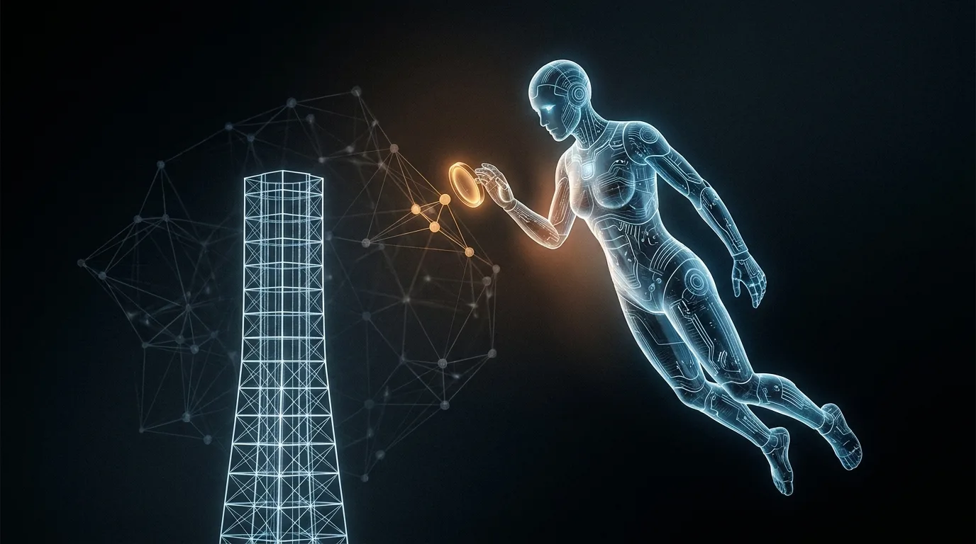 Parametric tower wireframe with a node graph overlay and a copilot panel