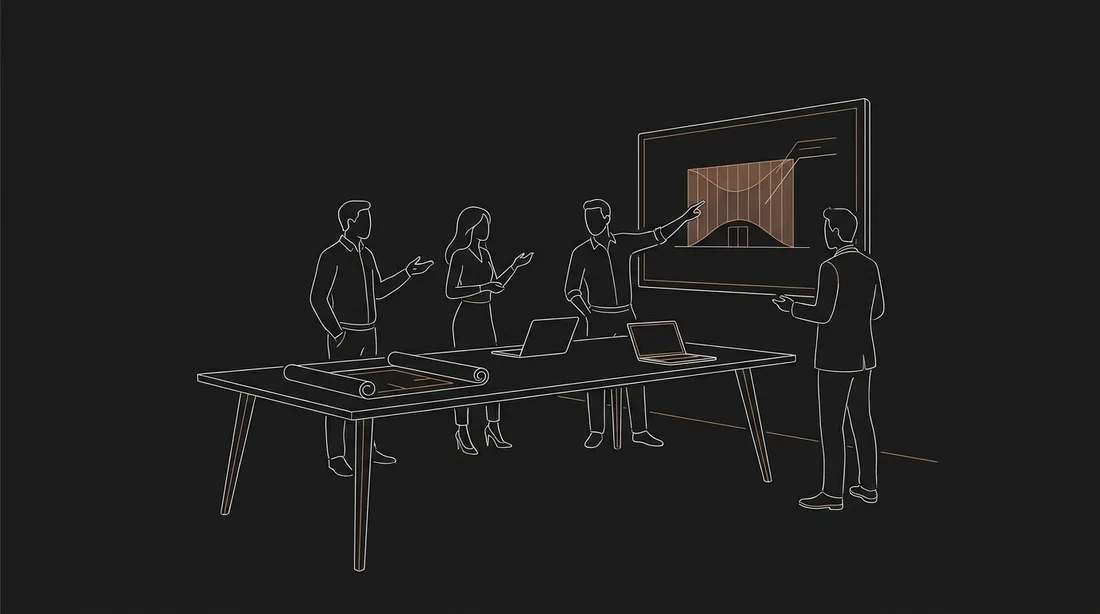 In-office training crit: drawing rolls on the table, a parametric facade diagram on the wall screen