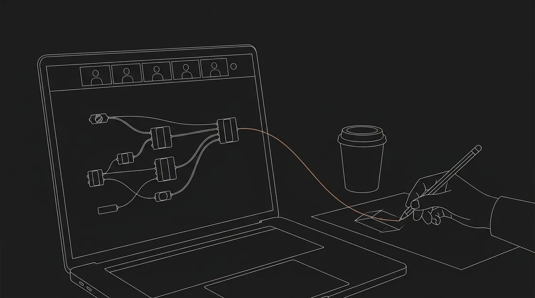 Live workshop: a Grasshopper canvas with call tiles on screen, a hand sketching beside it