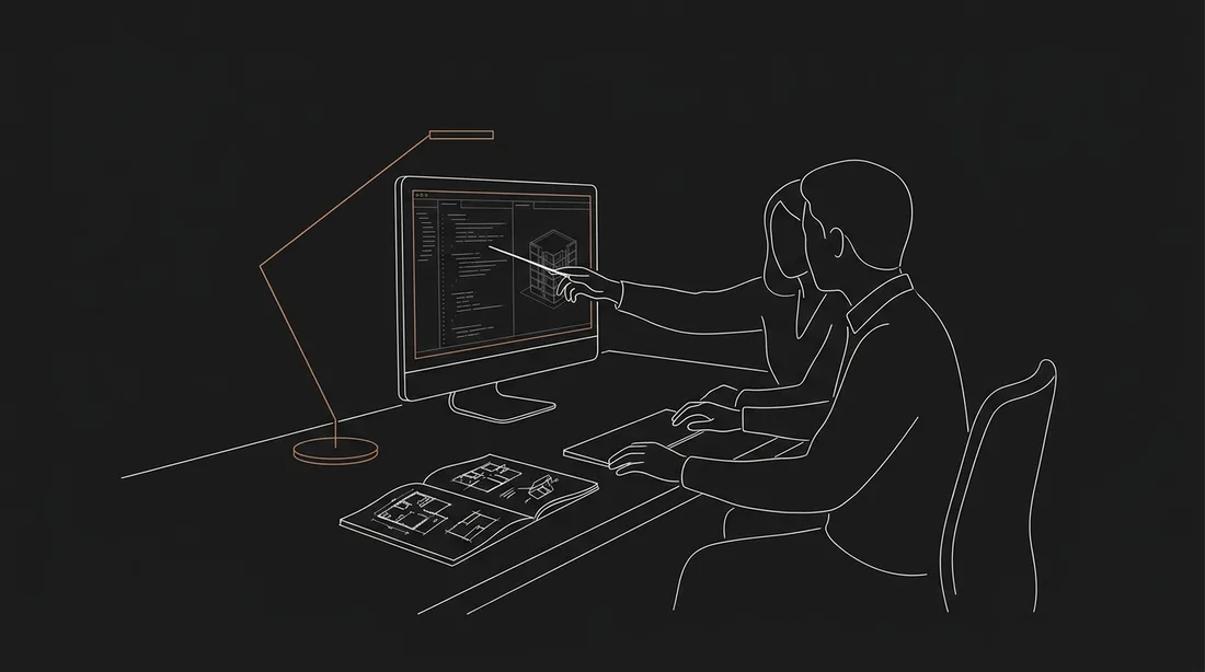 One-on-one mentorship: code and a 3D wireframe model on a wide monitor, two people working together