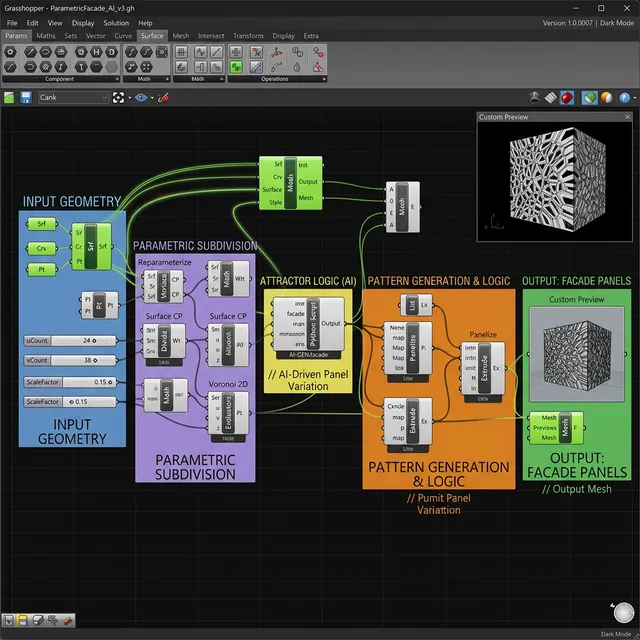 AI-generated Grasshopper definition on canvas with interconnected parametric nodes