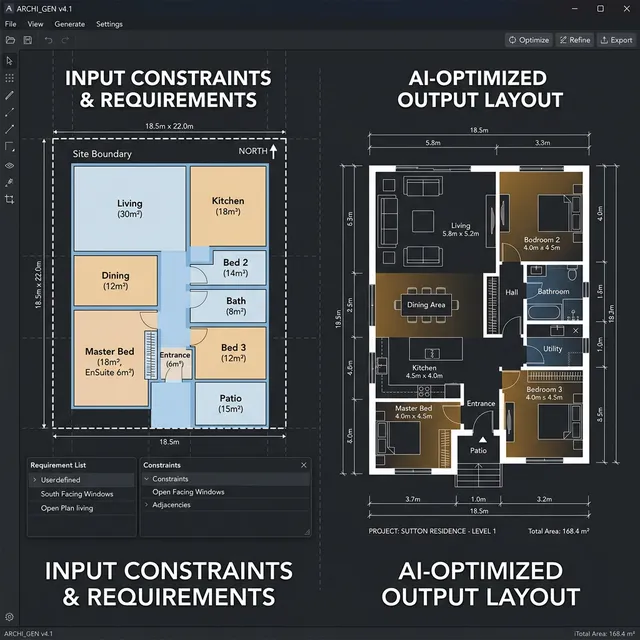 AI-generated floor plan showing constraint inputs and optimized output