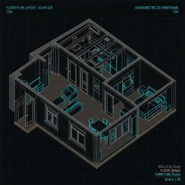 3D wireframe mesh of a scanned interior room showing walls, floor, and furniture outlines