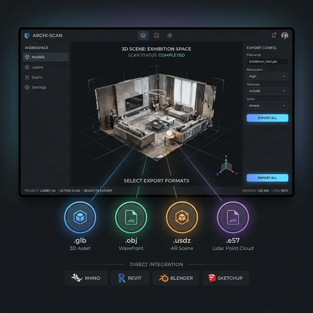 Export to GLB, OBJ, USDZ, E57